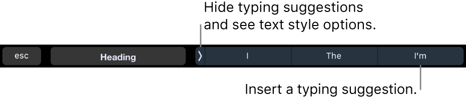 The MacBook Pro Touch Bar with controls for choosing a text style, hiding typing suggestions, and inserting typing suggestions.