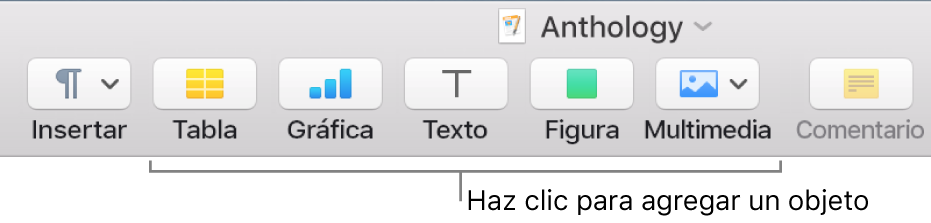 La barra de herramientas de Pages con los botones "Tabla", "Gráfica", "Texto", "Figura" y "Contenido".