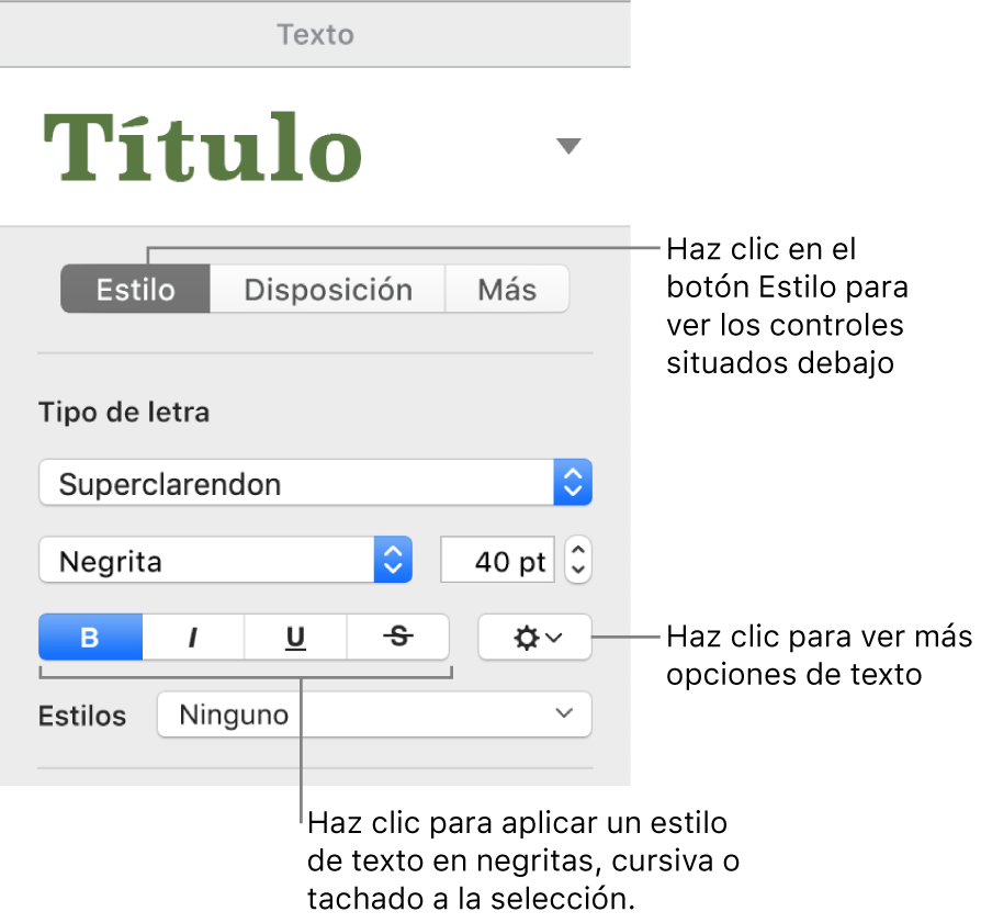 Los controles de Estilo de la barra lateral Formato con texto que indica los botones Negrita, Cursiva, Subrayado y Tachado.