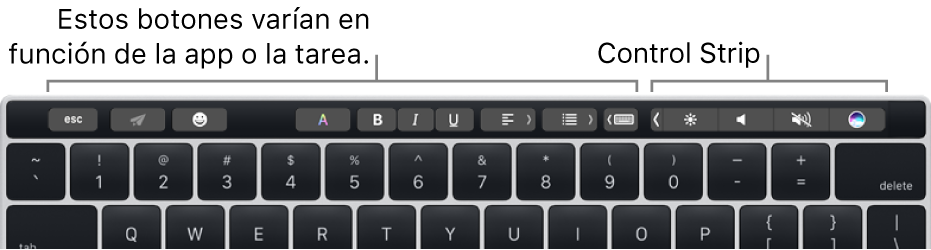 Un teclado con la Touch Bar encima de las teclas numéricas. Los botones para modificar el texto se sitúan a la derecha y en el medio. Control Strip, a la derecha, incluye controles del sistema para controlar el brillo, el volumen y Siri.