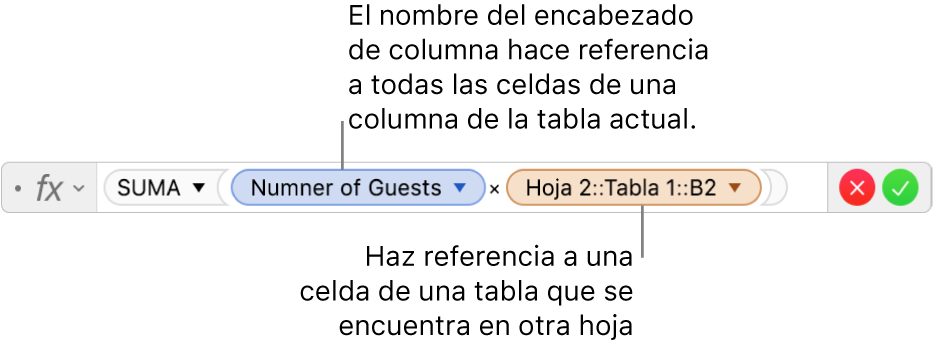 El editor de fórmulas con una fórmula que hace referencia a una columna de una tabla y una celda de otra tabla.