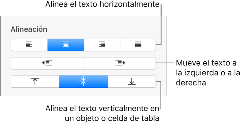 Sección Alineación con mensajes en los botones de alineación de texto y espaciado.