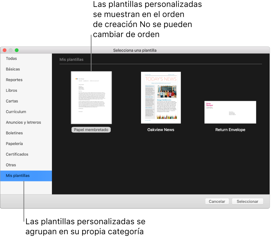 El selector de plantilla con la categoría "Mis plantillas" a la izquierda.