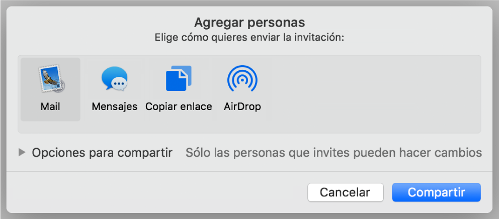 Ventana de los ajustes de colaboración con el botón Compartir en la parte inferior.