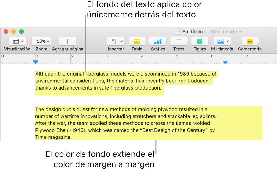 Un párrafo con color únicamente detrás del texto y un segundo párrafo con color por detrás que se extiende de margen a margen en un bloque.