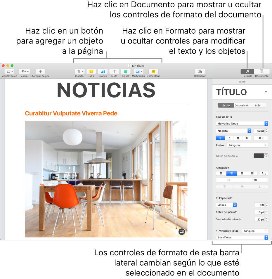 Ventana de Pages con botones en la barra de herramientas para agregar objetos y abrir las barras laterales.