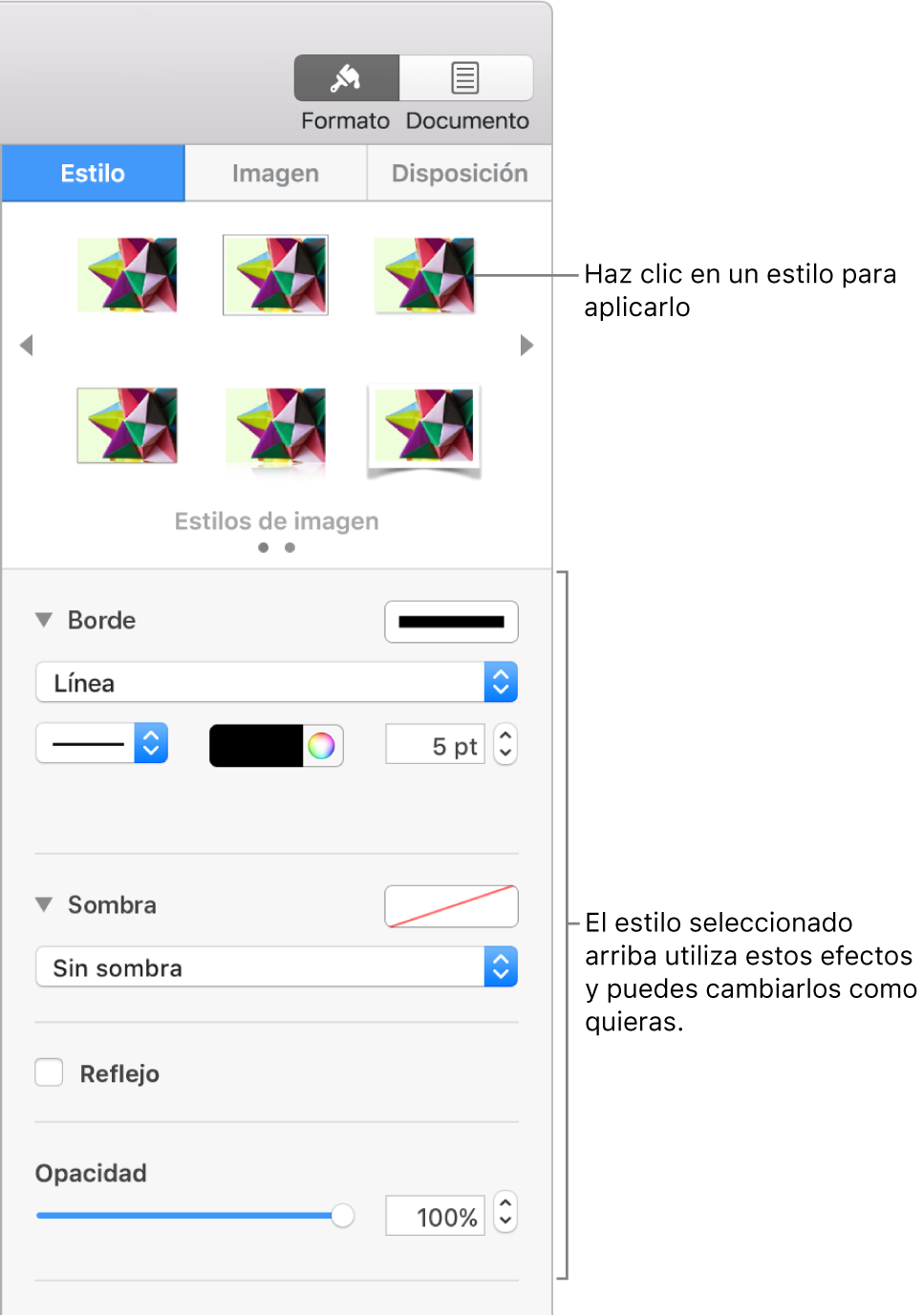 La pestaña Estilo de la barra lateral Formato con opciones de estilo de objeto.