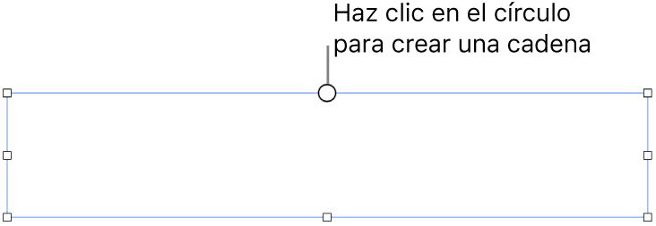 Un cuadro de texto vacío con un círculo blanco en la parte superior y manijas de redimensionamiento en las esquinas, en ambos lados y en la parte inferior.