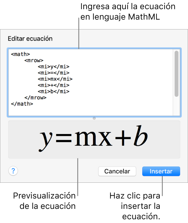 La ecuación de la pendiente de una recta en el campo "Editar ecuación" y la previsualización de la fórmula a continuación.