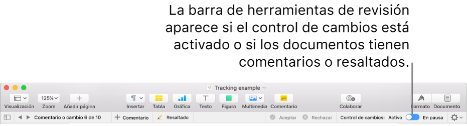 La barra de herramientas de Pages con el control de cambios activado y la barra de herramientas de revisión debajo de la barra de herramientas de Pages.