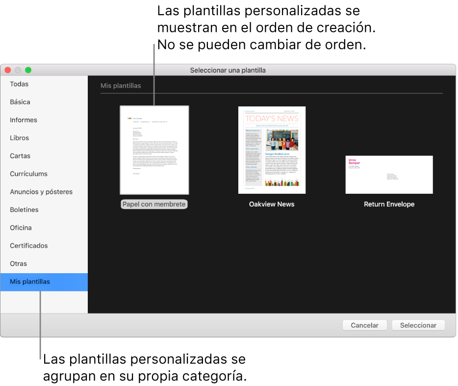 El selector de plantilla con la categoría “Mis plantillas” a la izquierda. Las plantillas personalizadas aparecen en el orden que se crearon y no se pueden reorganizar.