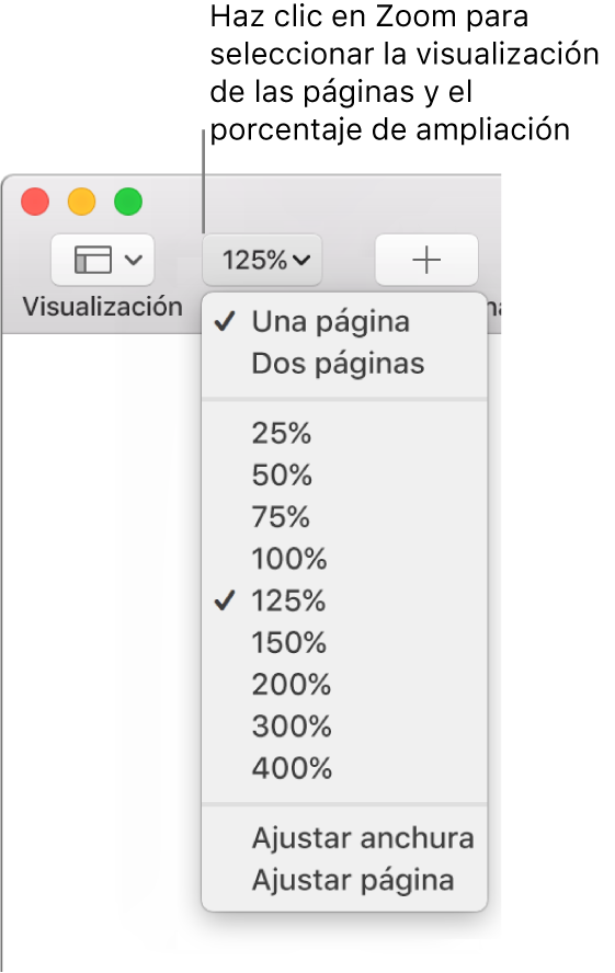 El menú desplegable Zoom con opciones para ver una página y dos páginas en la parte superior, porcentajes que van del 25 % al 400 % abajo y “Ajustar anchura” y “Ajustar página” en la parte inferior.