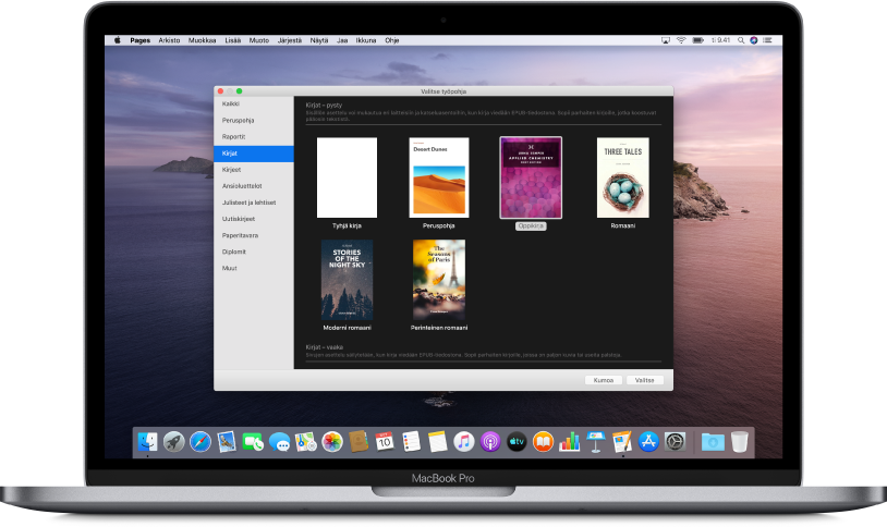 MacBook Pro, jonka näytöllä on avoinna Pagesin työpohjan valitsin. Kirjat-kategoria on valittuna vasemmalla ja oikealla näkyy kirjatyöpohjia.