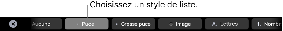 La Touch Bar du MacBook Pro avec les commandes pour choisir un style de liste.