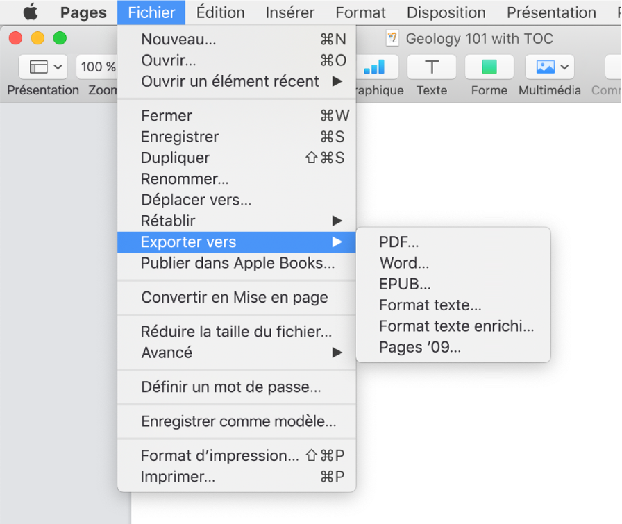 Menu Fichier ouvert avec l’option Exporter vers sélectionnée, le sous-menu affichant les options d’exportation en format PDF, Word, texte (.txt), RTF, EPUB ou Pages ’09
