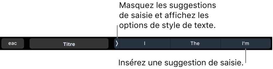La Touch Bar du MacBook Pro avec les commandes pour choisir un style de texte et masquer ou insérer les suggestions de frappe.