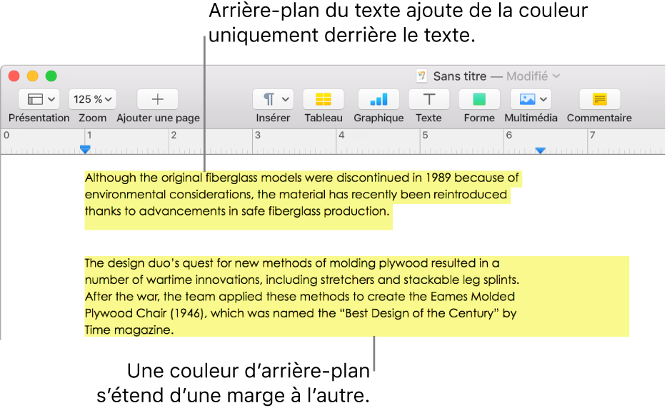 Un paragraphe avec de la couleur uniquement derrière le texte, et un autre avec un arrière-plan coloré allant d’une marge à l’autre pour créer un bloc.