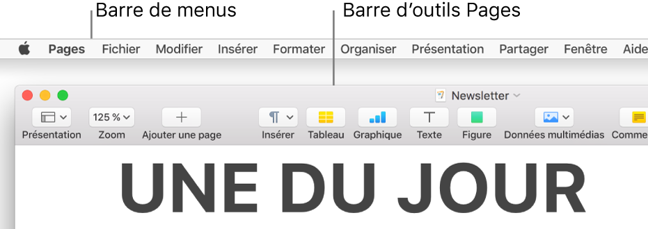 La barre des menus en haut de l’écran avec les menus Pomme, Pages, Fichier, Édition, Insertion, Format, Disposition, Présentation, Partager, Fenêtre et Aide. Sous la barre des menus, un document Pages ouvert avec une barre d’outils supérieure proposant les boutons Présentation, Zoom, Ajouter une page, Insérer, Tableau, Graphique, Texte, Figure, Données multimédias et Commentaire.