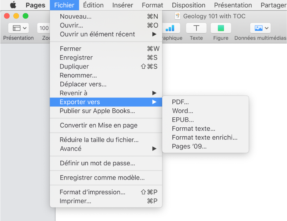 Menu Fichier ouvert avec l’option Exporter vers sélectionnée, le sous-menu affichant les options d’exportation PDF, Word, Format texte, Format texte enrichi, EPUB et Pages ’09.
