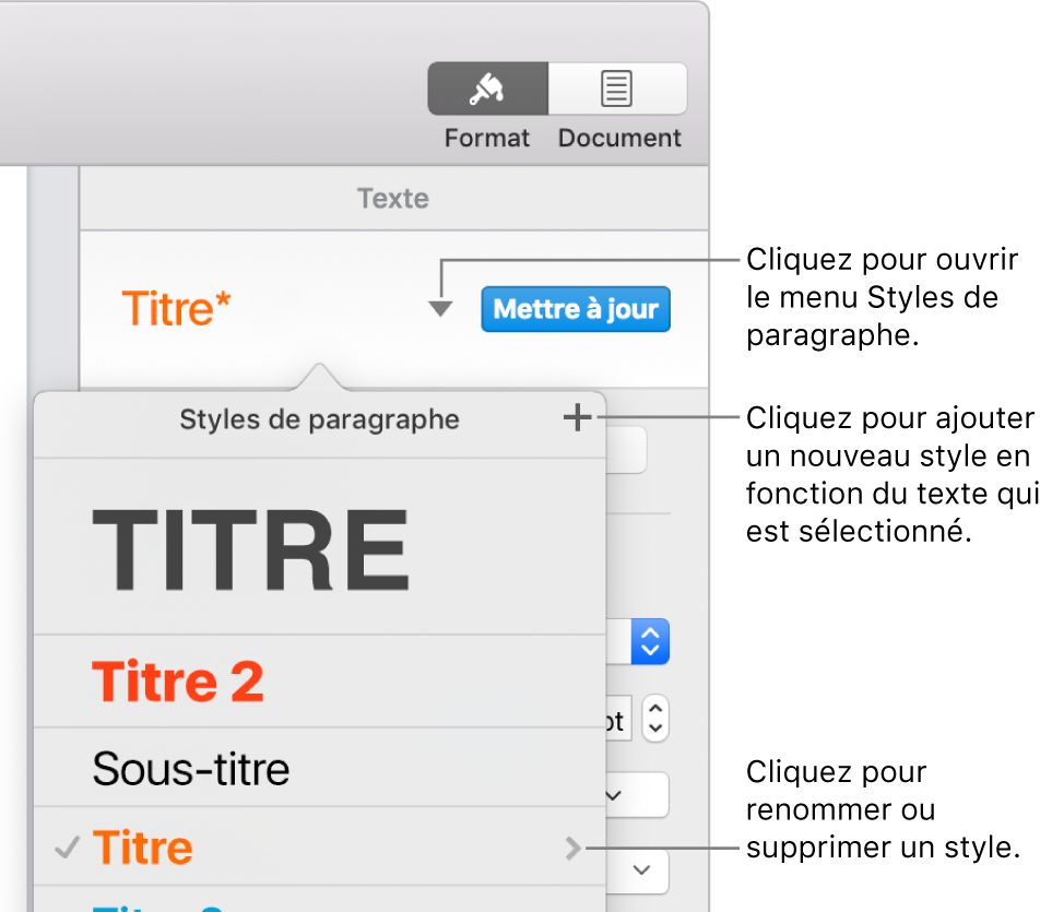 Le menu « Styles de paragraphe », affichant des commandes pour ajouter ou modifier un style.