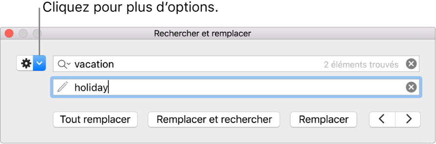 La fenêtre Rechercher et remplacer accompagnée d’une légende pour le bouton permettant d’afficher plus d’options.