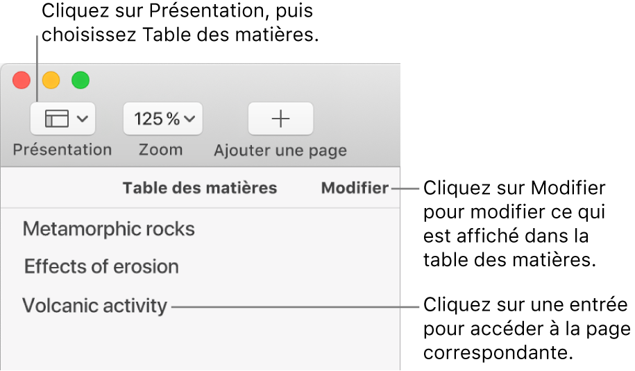 La table des matières à gauche de la fenêtre Pages avec un bouton Modifier dans le coin supérieur droit de la barre latérale et les entrées de la table des matières dans une liste. Le bouton Présentation se trouve dans le coin supérieur gauche de la barre d’outils Pages, au-dessus de la barre latérale.