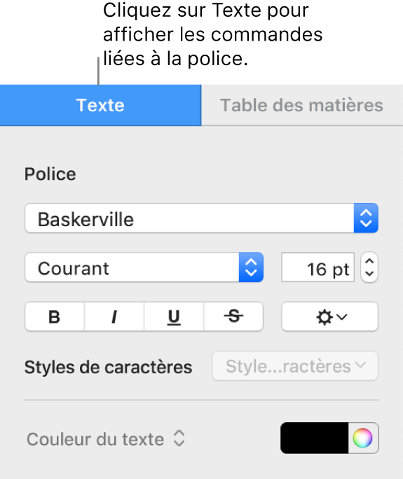 Barre latérale Format avec l’onglet Texte sélectionné et les commandes de police pour modifier la police et la taille de la police et pour ajouter des styles de caractère.