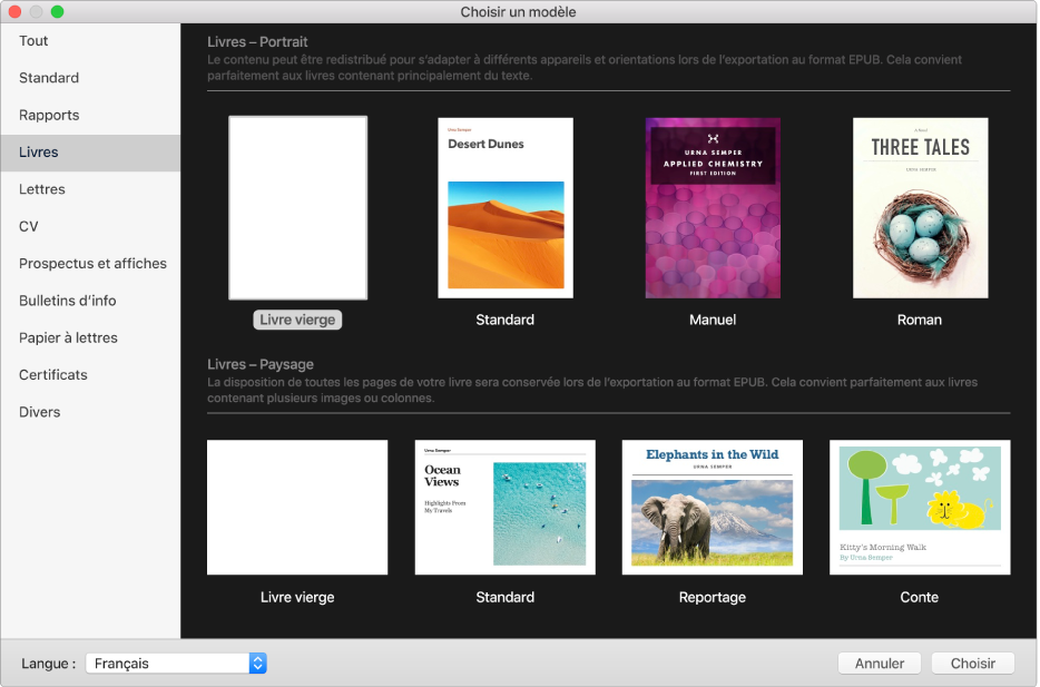 La liste de modèles avec la catégorie Livres sélectionnée à gauche et les modèles de livre en orientation portrait et paysage à droite.