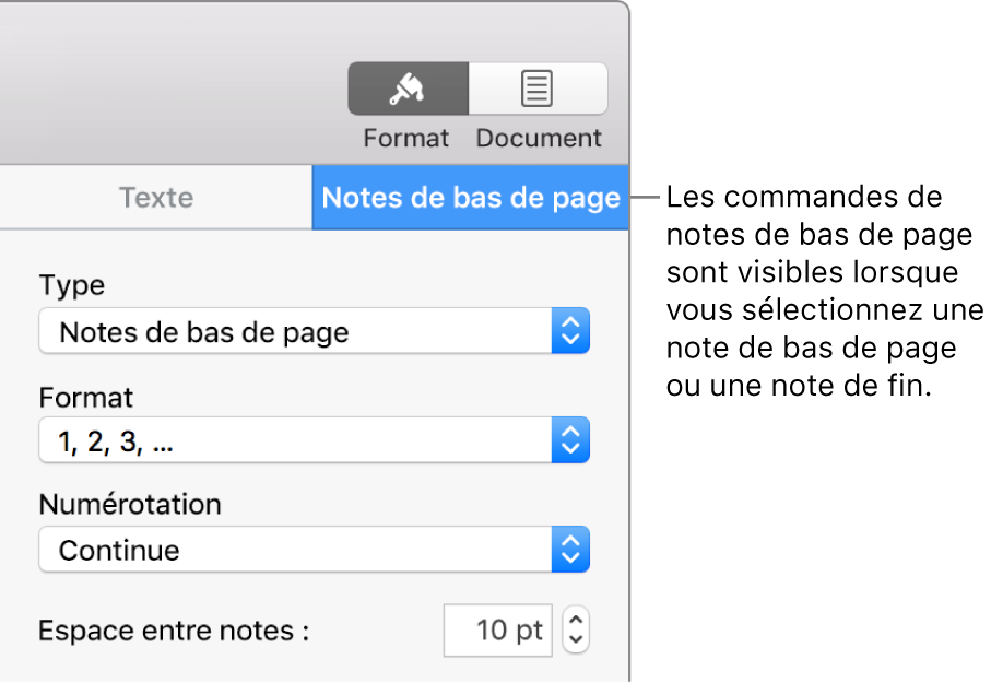 Sous-fenêtre des notes de bas de page affichant les menus locaux Type, Format, Numérotation et Espace entre notes.