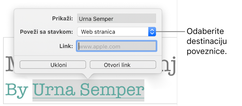 Skočni prikaz Postavke linkova s poljem Prikaži, Poveži s (postavljeno na Web stranicu), i poljem Link. Tipke Ukloni i Otvori link nalaze se na dnu skočnog prikaza.