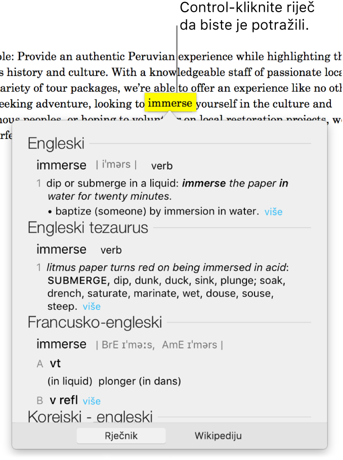 Paragraf s označenom riječju i prozor pokazuju njenu definiciju i unos tezaurusa. Dvije tipke na dnu prozora pružaju poveznice na rječnik i Wikipediju.