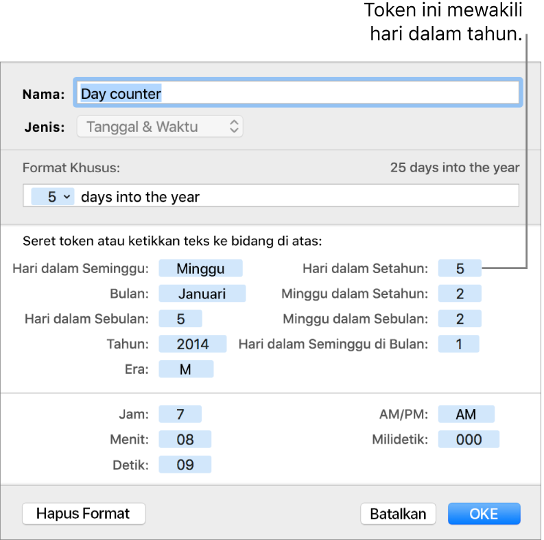 Jendela format sel khusus dengan kontrol untuk memilih pemformatan tanggal dan waktu khusus.