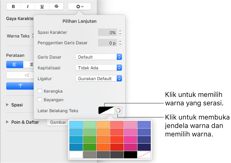 Kontrols untuk memilih warna latar belakang untuk teks.
