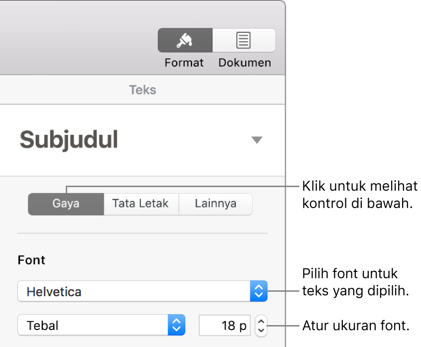 Kontrol teks di bagian Gaya pada bar samping Format untuk mengatur font dan ukuran font.