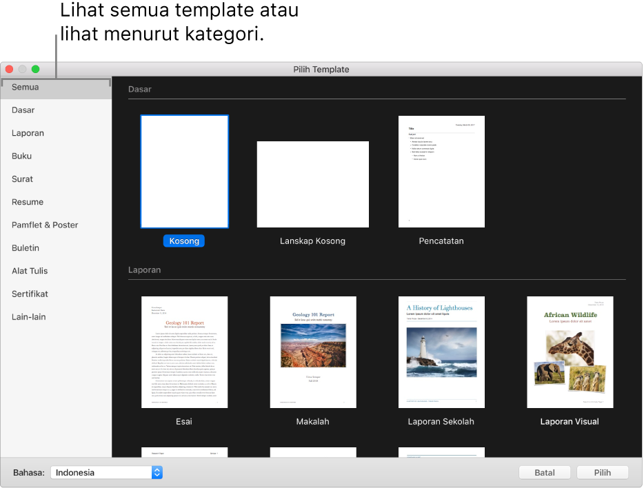 Pemilih template. Di sebelah kanan, terdapat gambar mini dari template yang telah dirancang sebelumnya, yang dapat Anda gunakan untuk mulai membuat dokumen. Bar samping di sebelah kiri mencantumkan kategori template yang dapat Anda klik untuk memfilter pilihan.