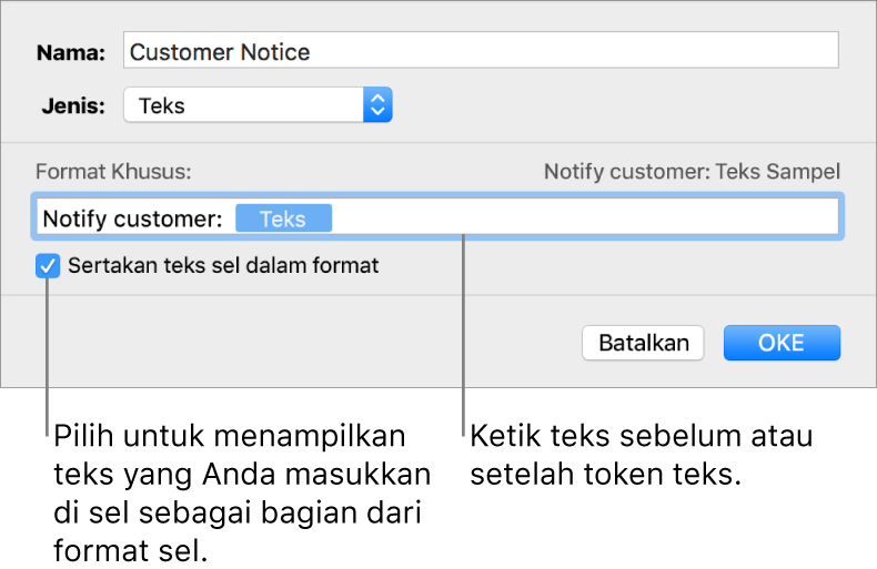 Jendela format sel khusus dengan kontrol untuk memilih pemformatan teks khusus.