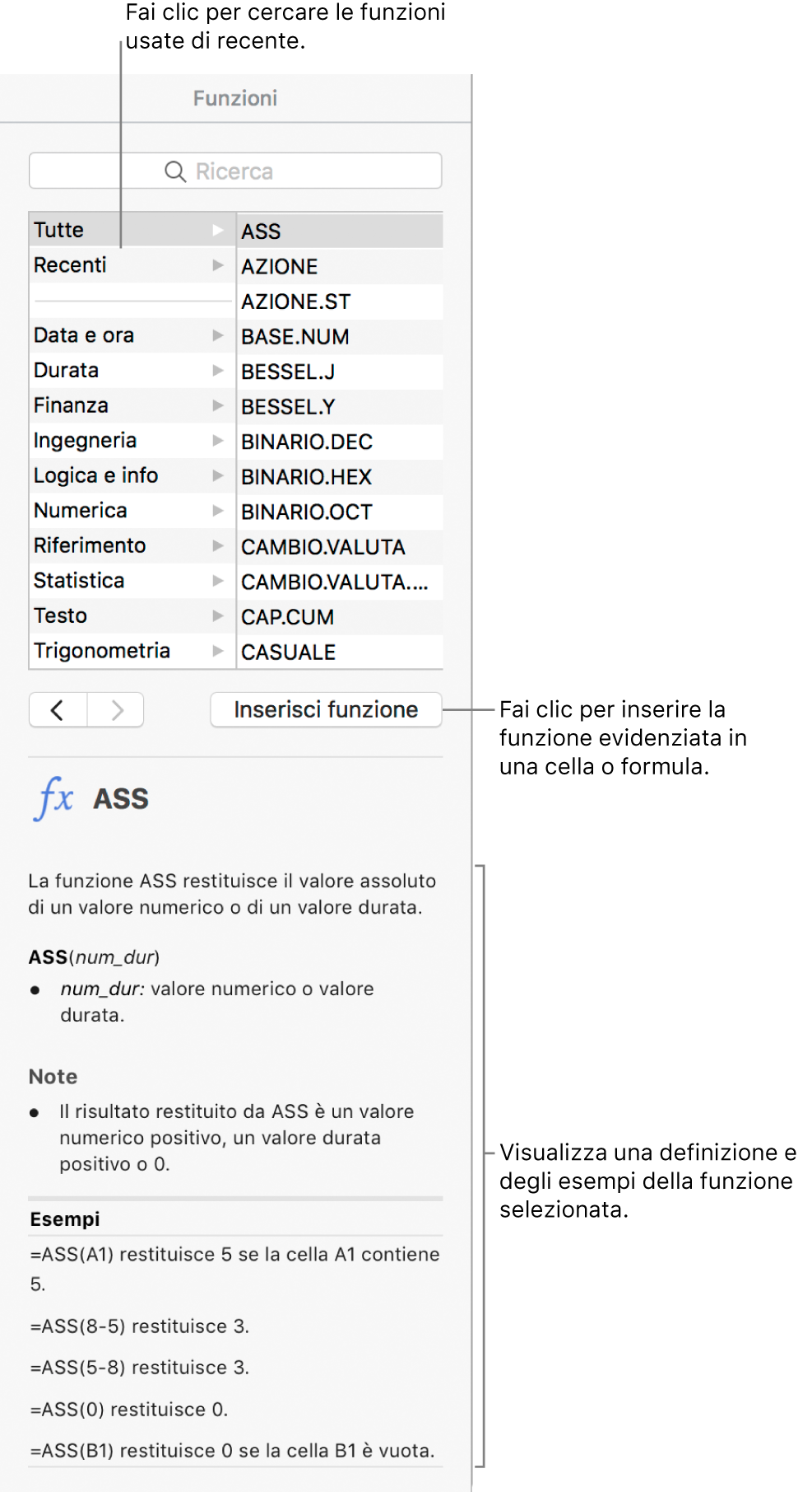 Browser funzioni con didascalie per le funzioni utilizzate di recente, il pulsante “Inserisci funzione” e la definizione della funzione.