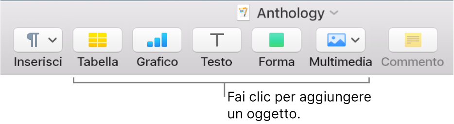 Barra degli strumenti con pulsanti per aggiungere tabelle, grafici, testo, forme e file multimediali.