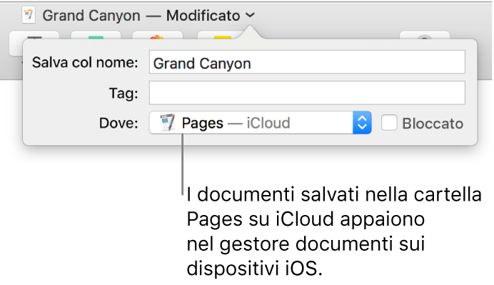 Finestra di dialogo Salva per un documento con “Pages — iCloud” nel menu a comparsa Dove.