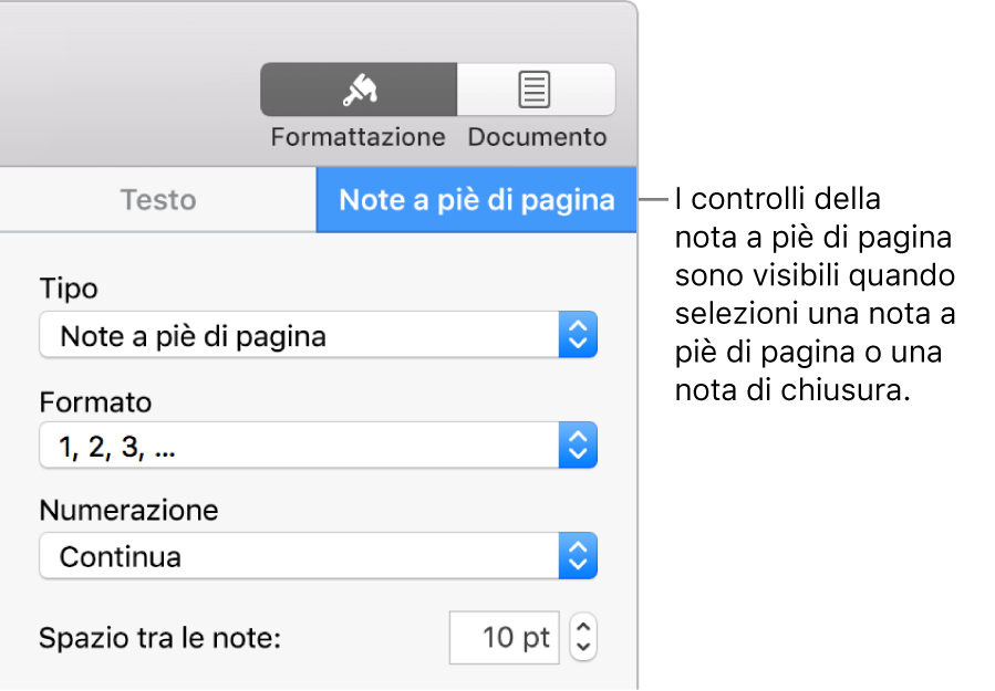 Pannello “Note a piè di pagina” con i menu a comparsa Tipo, Formato, Numerazione e “Spazio tra le note”.
