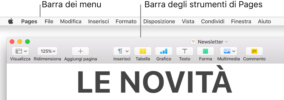 Barra dei menu con il menu Apple e il menu Pages nell'angolo superiore sinistro e sotto, la barra degli strumenti di Pages con i pulsanti Visualizza e Ridimensiona.
