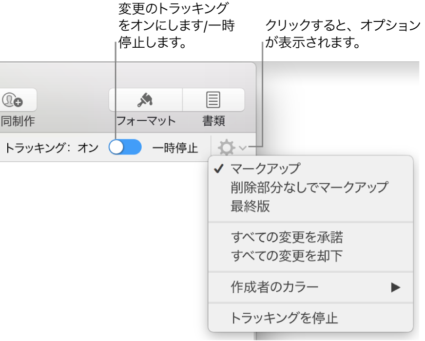 トラッキングオプションのメニュー。下部の「トラッキングを停止」と、「トラッキング」の「オン」および「一時停止」ボタンのコールアウトが表示された状態。