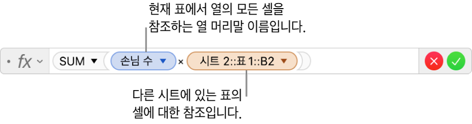 한 표의 열 및 다른 표의 셀을 참조하는 공식을 보여주는 공식 편집기.