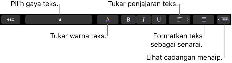 Touch Bar MacBook Pro dengan kawalan untuk memilih gaya teks, menukar warna teks, menukar penjajaran teks, memformatkan teks sebagai senarai dan menunjukkan cadangan menaip.