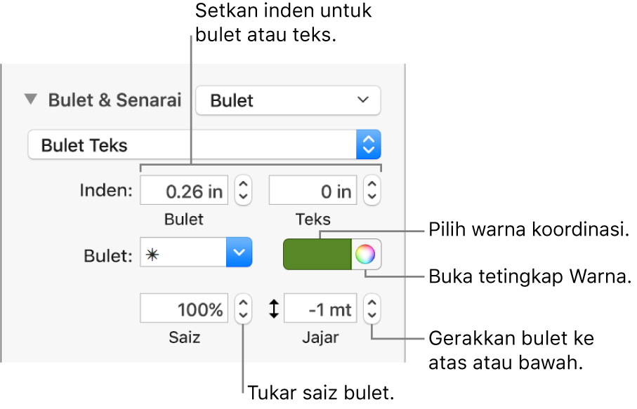 Bahagian Bulet & Senarai dengan petak bual ke kawalan untuk bulet dan inden teks, warna bulet, saiz bulet dan penjajaran.