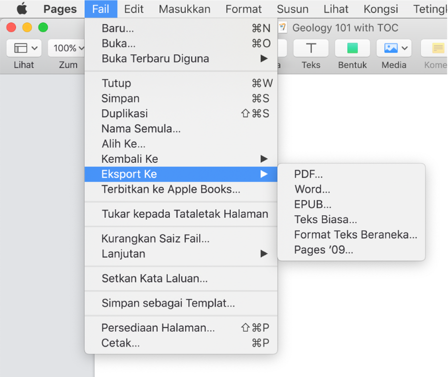 Menu Fail dibuka dengan Eksport Ke dipilih, dengan submenu menunjukkan pilihan eksport untuk PDF, Word, Teks Biasa, Format Teks Beraneka, EPUB dan Pages ’09.