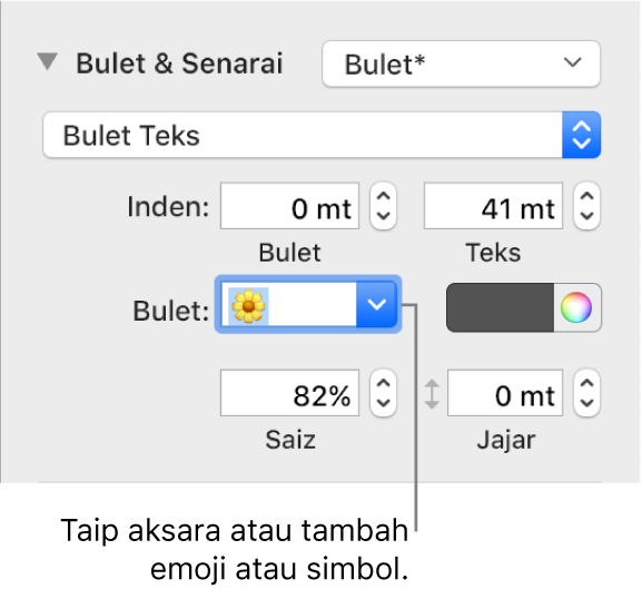 Bahagian Bulet & Senarai daripada bar sisi Format. Medan Bulet menunjukkan emoji bunga.