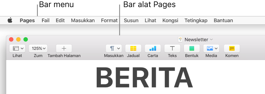 Bar menu dengan menu Apple dan menu Pages di penjuru kiri atas dan di bawahnya, bar sisi Pages dengan butang untuk Lihat dan Zum di penjuru kiri atas.