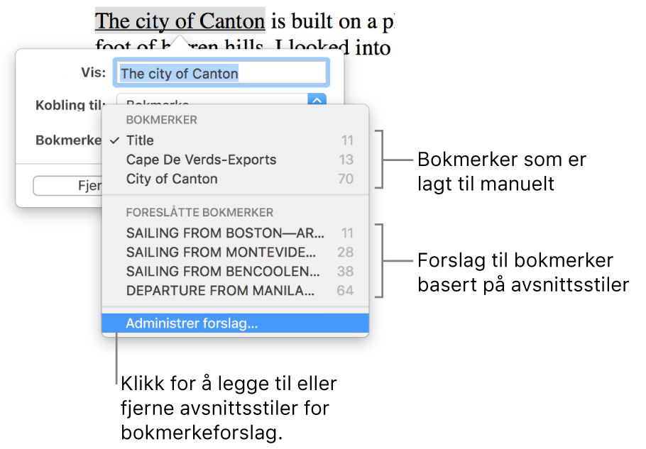 Bokmerkelisten med bokmerker som er manuelt lagt til, øverst, og foreslåtte bokmerker nedenfor. Administrer forslag-alternativet er nederst.