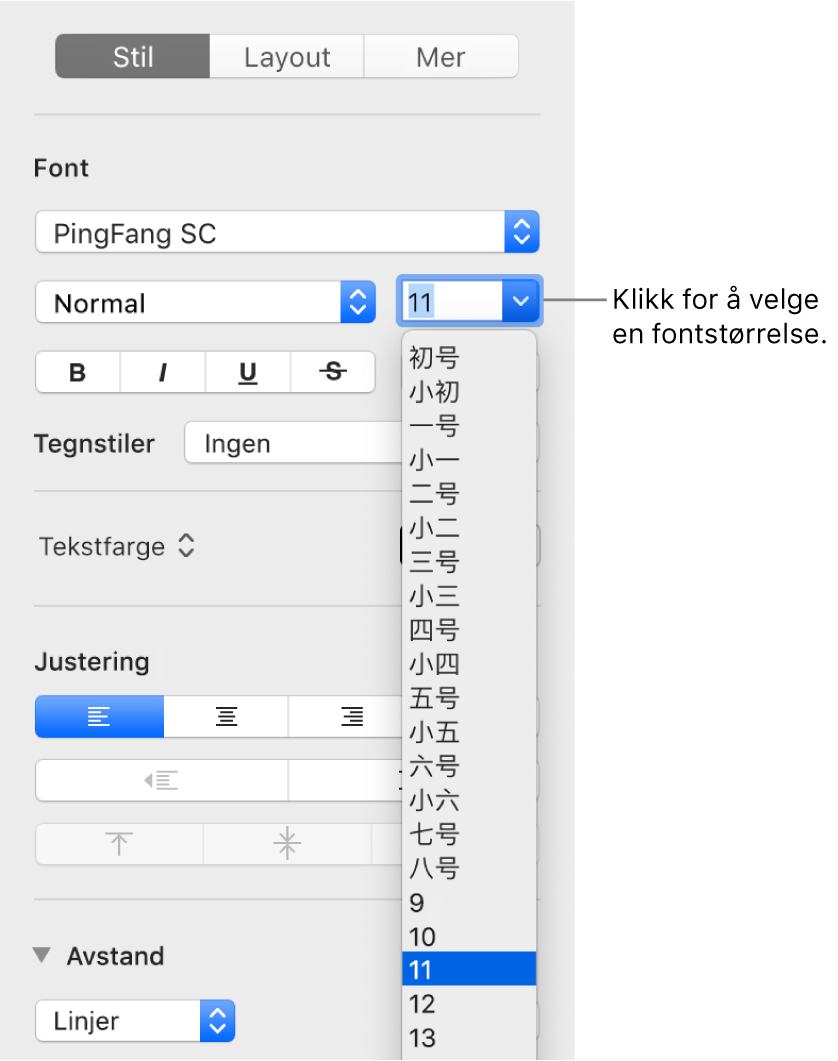 Stil-delen i Format-sidepanelet med fontstørrelselokalmenyen åpen. Fontstørrelsene som kinesiske myndigheter har satt som standard, vises øverst i lokalmenyen med punktstørrelser nedenfor.